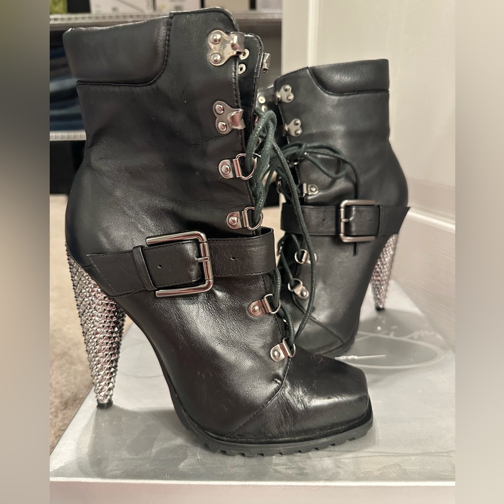 Jessica Simpson Punk Black and Silver Heeled Boots with Buckle Straps